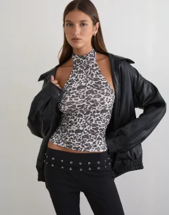 Galile High Neck Top in Jersey Blurry Leopard Grey