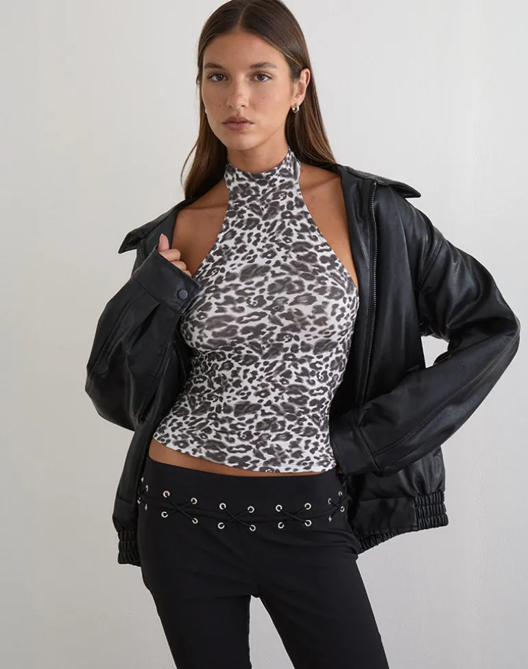 Galile High Neck Top in Jersey Blurry Leopard Grey