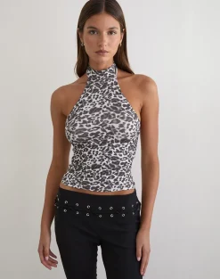 Galile High Neck Top in Jersey Blurry Leopard Grey
