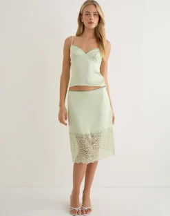 Garula Skirt in Satin Sage with Lace Trim