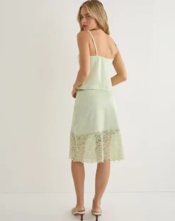 Garula Skirt in Satin Sage with Lace Trim