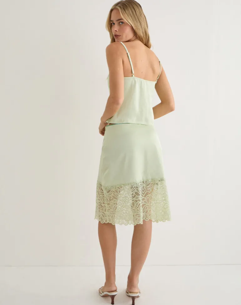 Garula Skirt in Satin Sage with Lace Trim