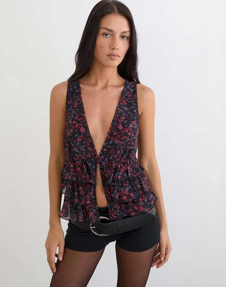 Gendhis Vest Top in Chiffon Scattered Floral Black and Red