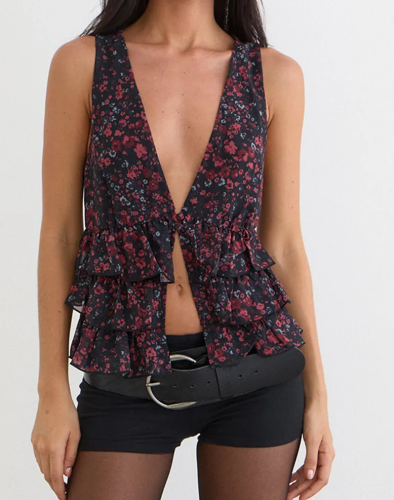 Gendhis Vest Top in Chiffon Scattered Floral Black and Red