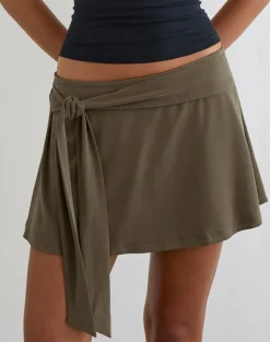 Grecia Tie Mini Skirt in Cupro Khaki