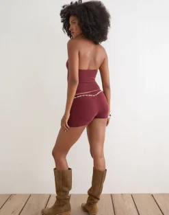 Grizel Halterneck Top with Pearl Trim in Cupro Burgundy