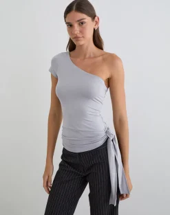 Gryfina Tie Belt Top in Rayon Jersey Lilac Grey