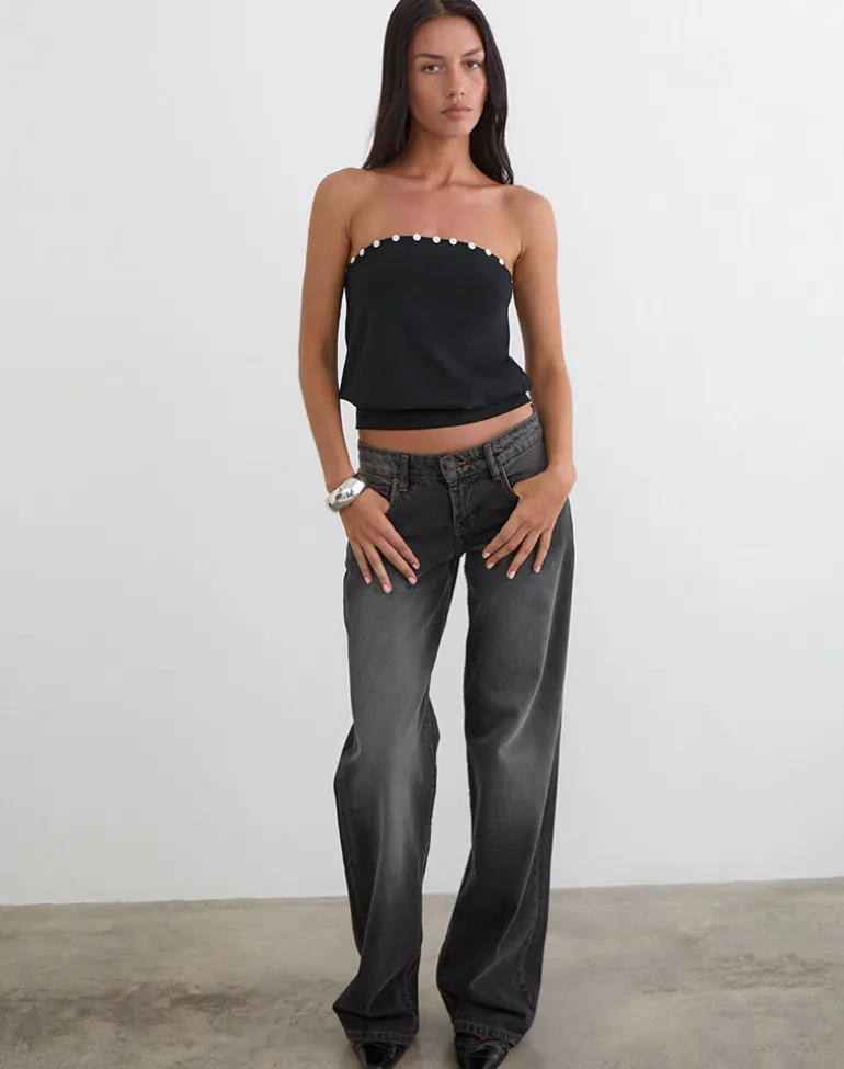 Hagar Top in Black with Pearl Button Trim
