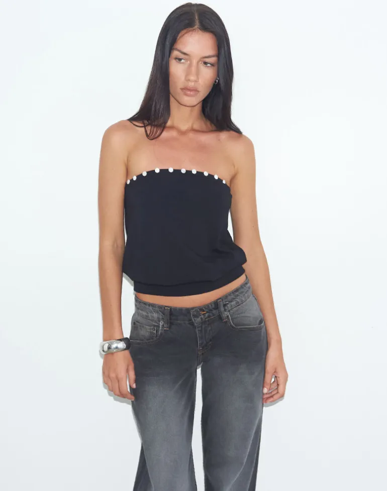 Hagar Top in Black with Pearl Button Trim