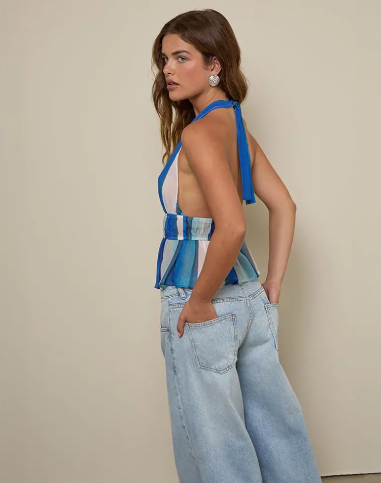 Hassna Halter Top in Chiffon Painted Stripe Blue