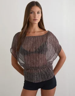Hayba Drape Top in Plisse Brown