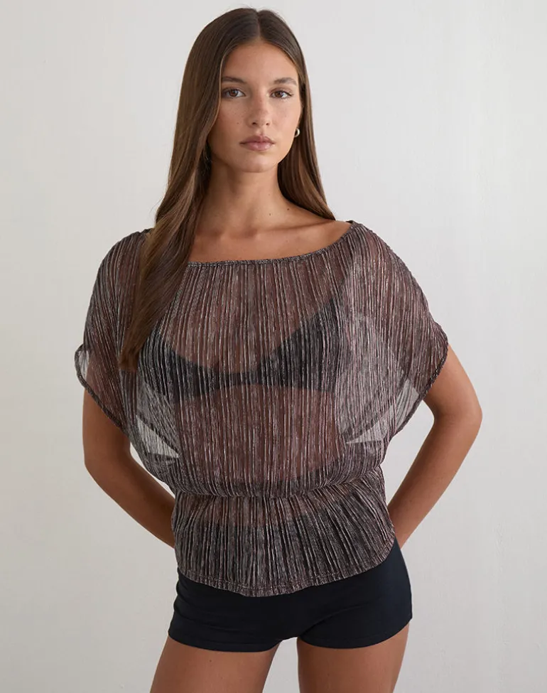 Hayba Drape Top in Plisse Brown