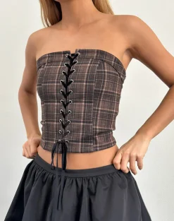 Heska Lace Front Corset Top in Brown Check