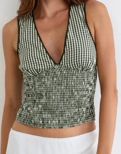 Hevalis Plunge Top in Mini Gingham Dark Green