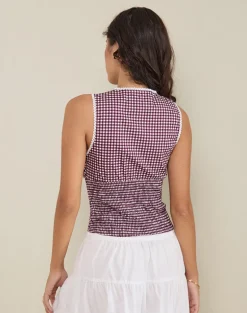 Hevalis Plunge Top in Mini Gingham Wine