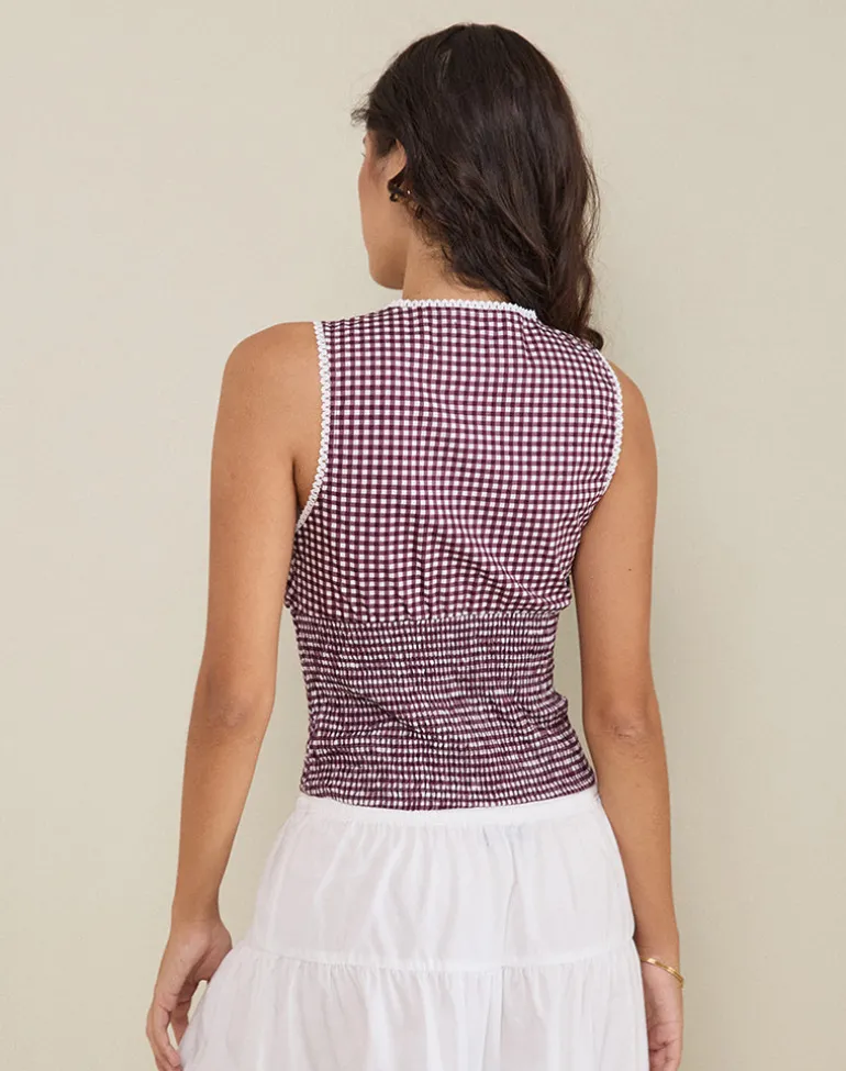 Hevalis Plunge Top in Mini Gingham Wine