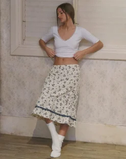 Ilaria Midi Skirt in Ditsy Leaf Rose Navy