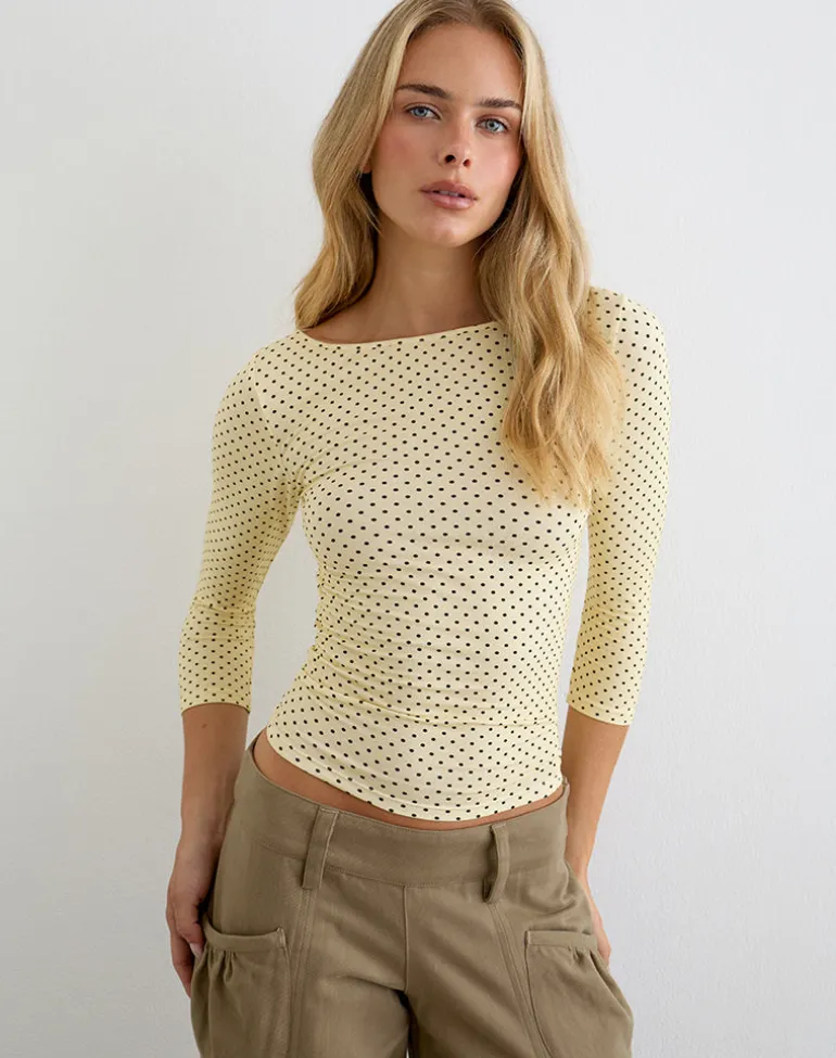 Ione Quarter Sleeve Top in Butter Yellow with Micro Polka Dots
