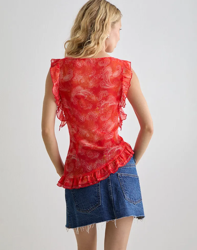 Iravela Asym Top in Paisley Chiffon Red