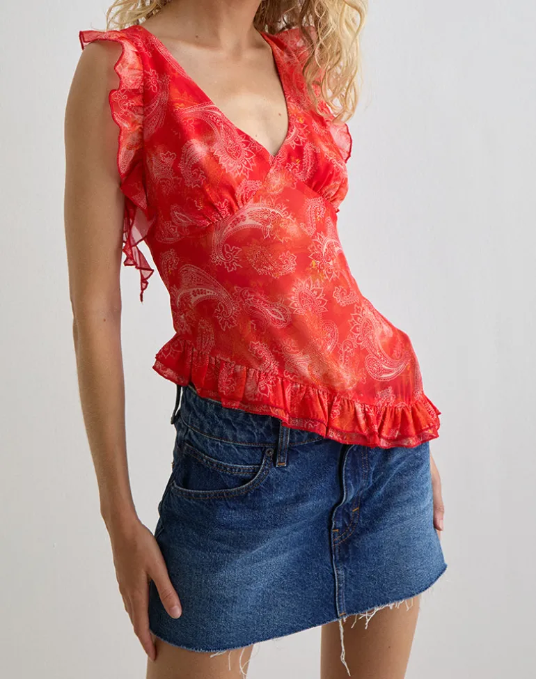 Iravela Asym Top in Paisley Chiffon Red