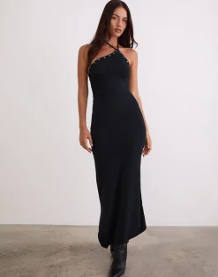 Ishikawa Asymmetrical Maxi Dress with Eyelets in Black