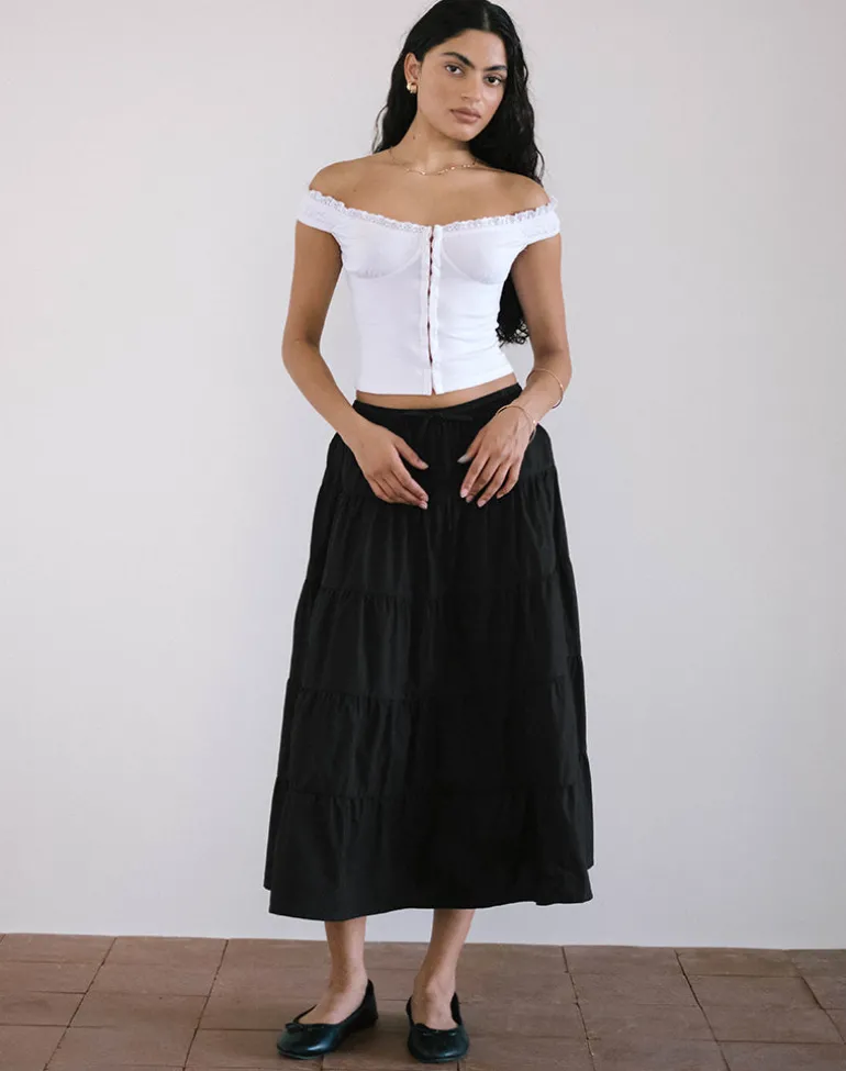 Izumi Tiered Midi Skirt in Poplin Black