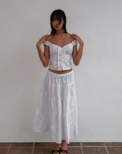 Izumi Tiered Midi Skirt in Poplin White