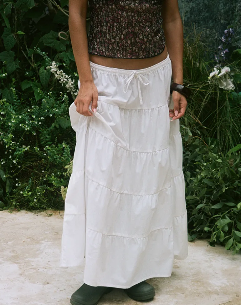Izumi Tiered Midi Skirt in Poplin White