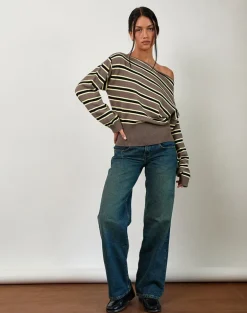 Jalira Asymmetric Cinch Jumper in Stripe Brown and Yellow