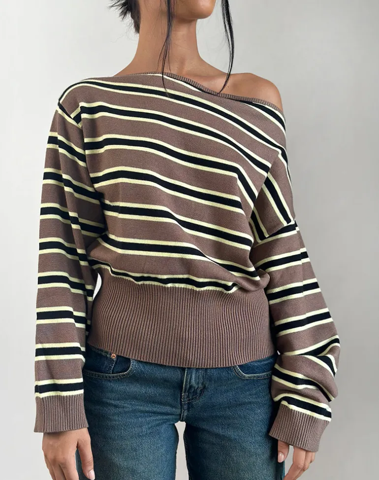 Jalira Asymmetric Cinch Jumper in Stripe Brown and Yellow