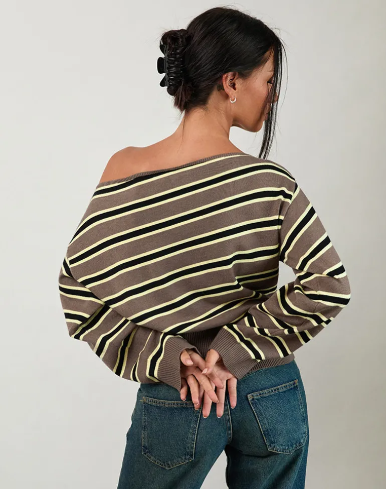 Jalira Asymmetric Cinch Jumper in Stripe Brown and Yellow