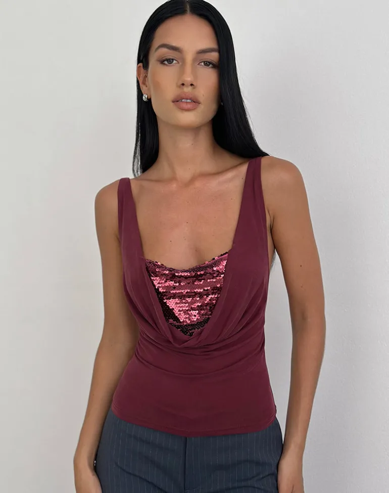 Janice Top in Sequin Jersey Burgundy