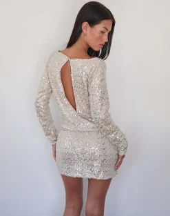 Jasilia Long Sleeve Mini Dress in Neutral Sequin