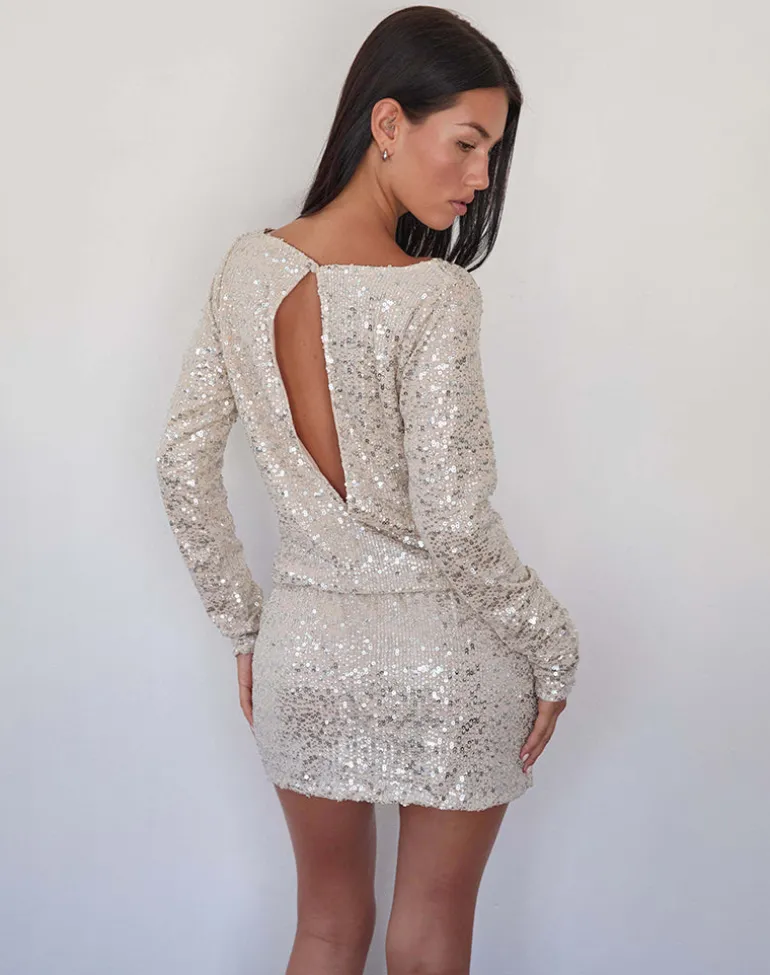 Jasilia Long Sleeve Mini Dress in Neutral Sequin