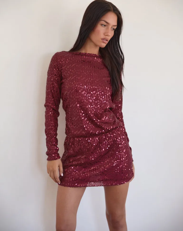 Jasilia Long Sleeve Mini Dress in Gauzy Sequin Red