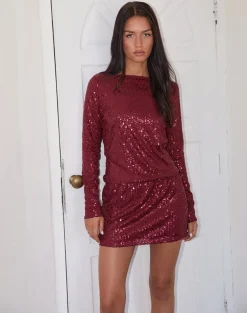 Jasilia Long Sleeve Mini Dress in Gauzy Sequin Red