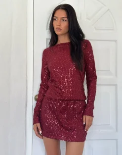Jasilia Long Sleeve Mini Dress in Gauzy Sequin Red