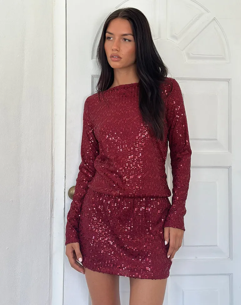 Jasilia Long Sleeve Mini Dress in Gauzy Sequin Red