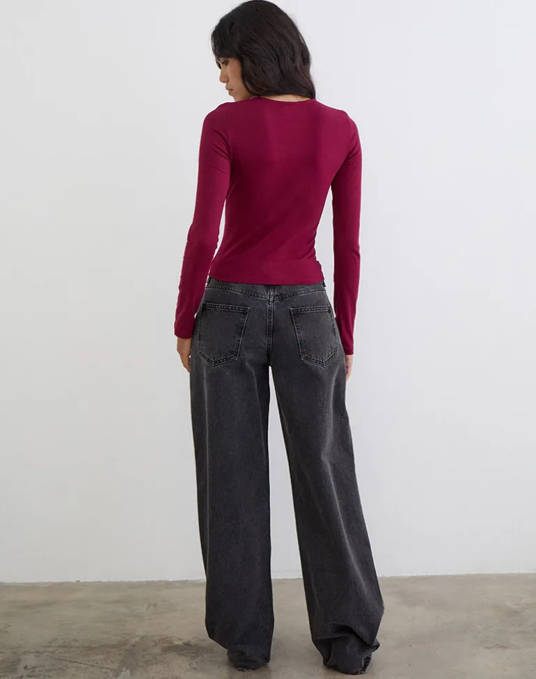 Jenji Long Sleeve Top with Pearl Button in Burgundy