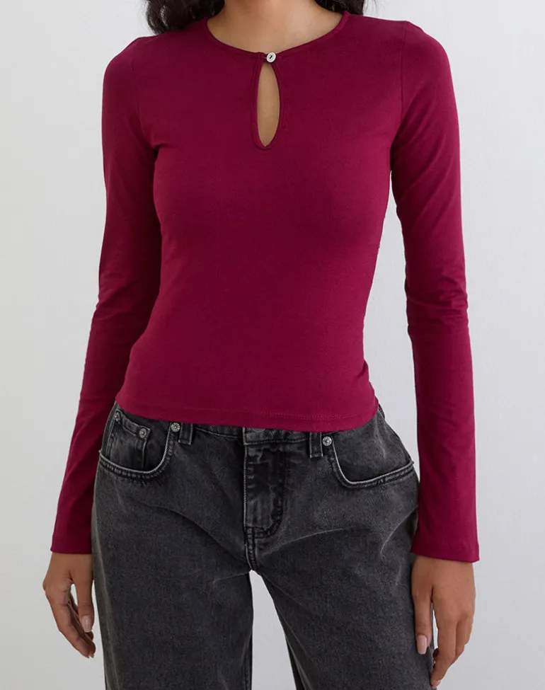 Jenji Long Sleeve Top with Pearl Button in Burgundy