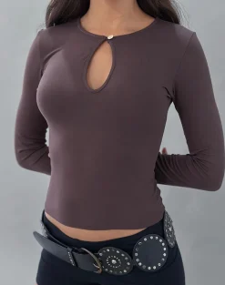 Jenji Long Sleeve Top with Pearl Button in Peppercorn