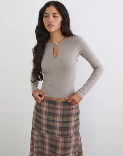 Jenji Long Sleeve Top with Pearl Button in Moon Rock