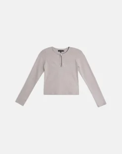 Jenji Long Sleeve Top with Pearl Button in Moon Rock