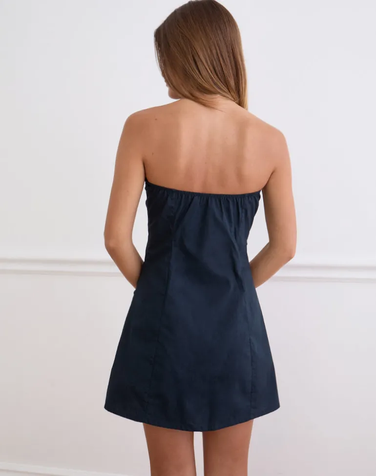 Jesamine Bandeau Dress in Dark Navy with Lace Trim