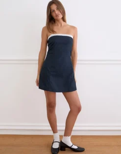 Jesamine Bandeau Dress in Dark Navy with Lace Trim