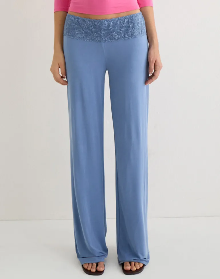 Jia Trouser in Cupro Dusty Blue with Lace Trim