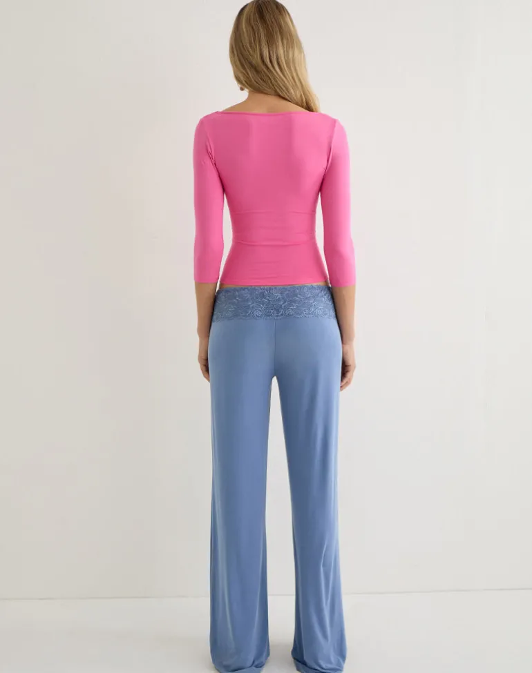 Jia Trouser in Cupro Dusty Blue with Lace Trim