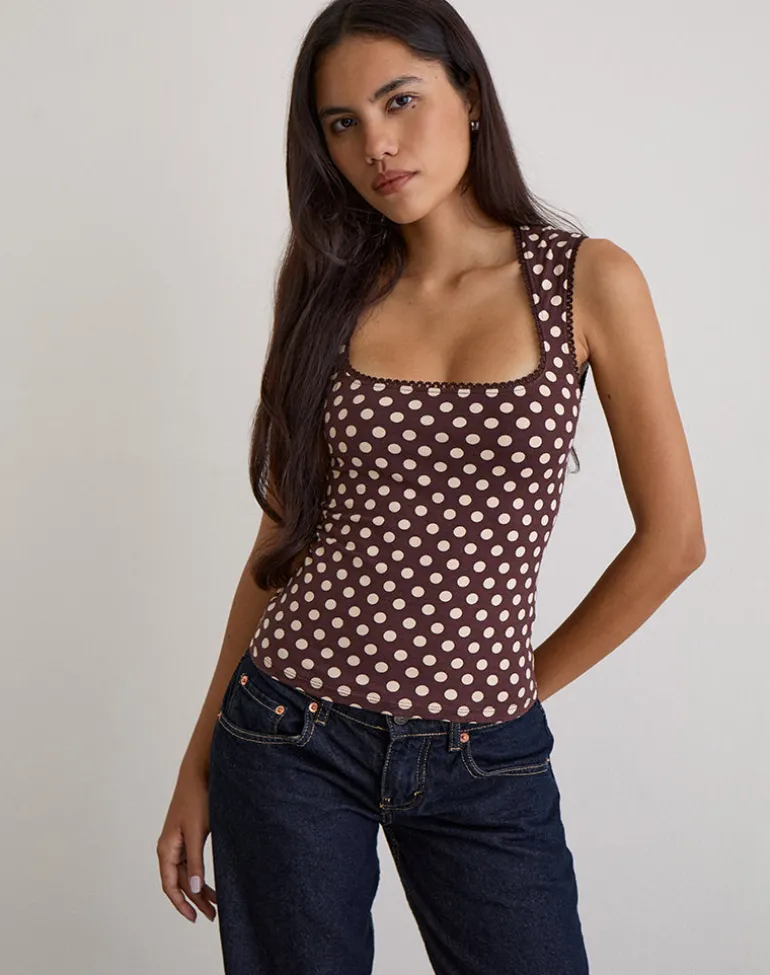 Jinalo Sweetheart Top in Brown with Small Cream Polka Prints