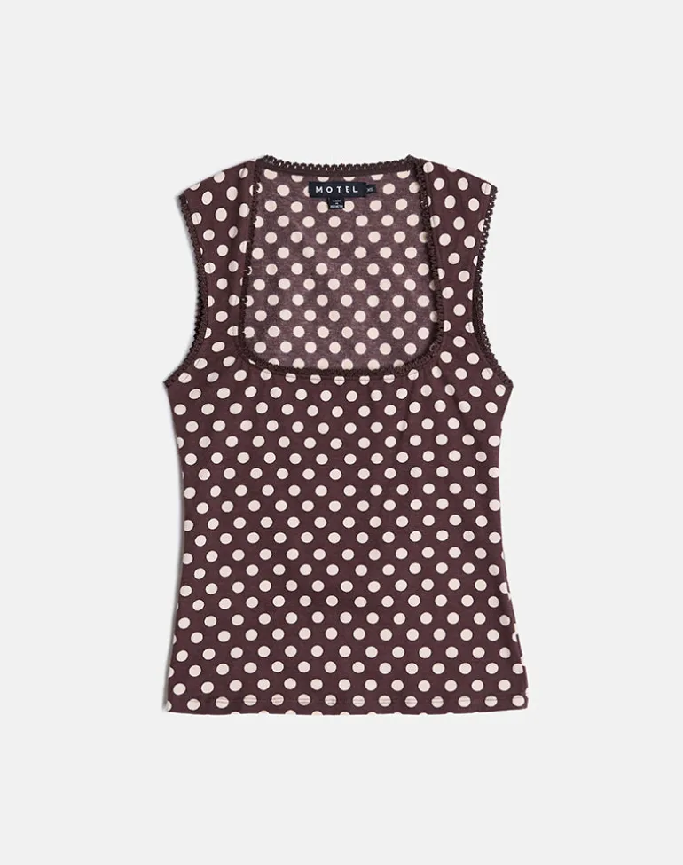 Jinalo Sweetheart Top in Brown with Small Cream Polka Prints