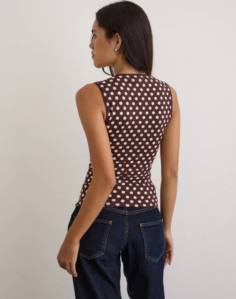 Jinalo Sweetheart Top in Brown with Small Cream Polka Prints